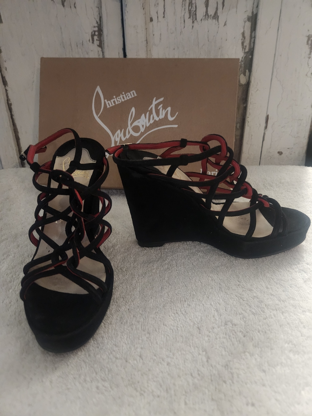 Christian Louboutin Black and Red Suede Strappy Lace-Up Wedge Heels.